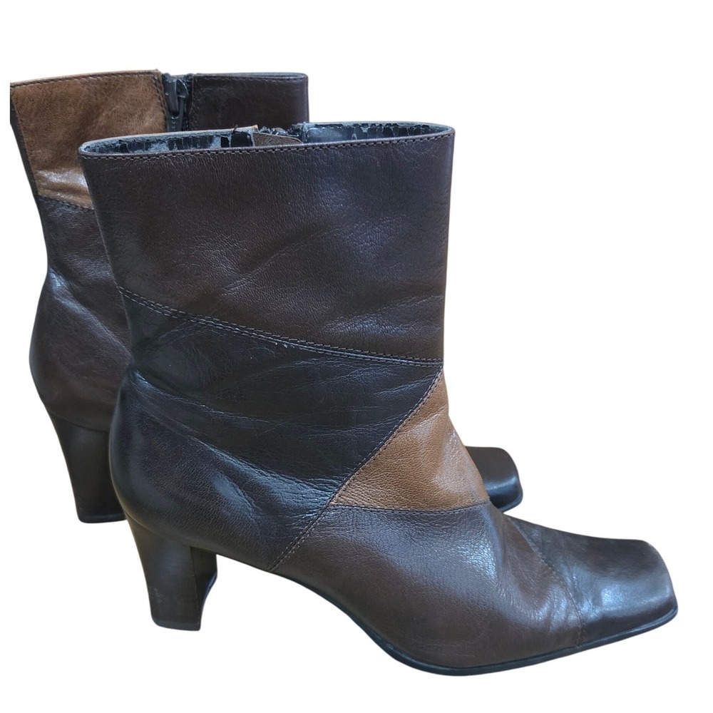 Vintage LC 90s Brown Patchwork Retro Penny Lane Leather Boho Folk Eco Boots 7.5